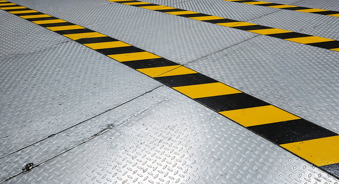 Industrial Diamond Plate Metal Floor with Yellow and Black Caution Stripes