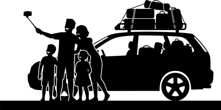 Family of four taking selfie with car and luggage silhouettes on white background