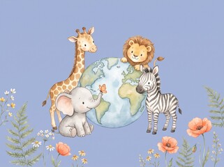 Obraz premium Whimsical illustrated animals embracing a globe surrounded by flowers in a dreamy, pastel world