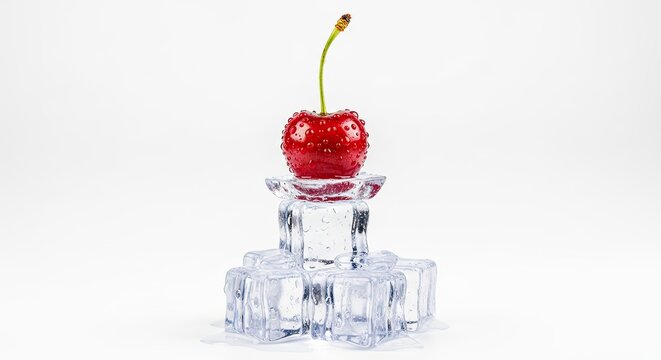 Single Fresh Cherry Perched Atop Ice Cubes on White Background.