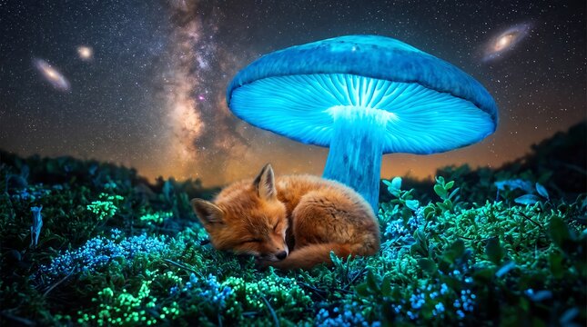 A Peaceful Red Fox Sleeping Beneath a Glowing Blue Mushroom Under the Milky Way Galaxy Night Sky