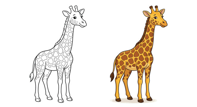 Giraffe illustration with a colored and uncolored version on a white background