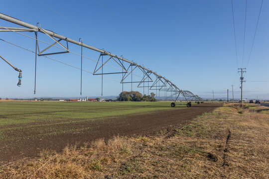 A pivot irrigation system structure mounted on wheel towers and with hanging spray heads to provide even water distribution on a crop farm on flat land under a blue sky in Queensland, Australia.