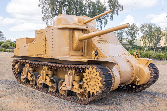 A reliable M3 Grant medium tank made in the USA as a dual gun stopgap during World War 2 until the superior M4 Sherman tank became available, whereafter the M3 was used in the Pacific theatre of war.