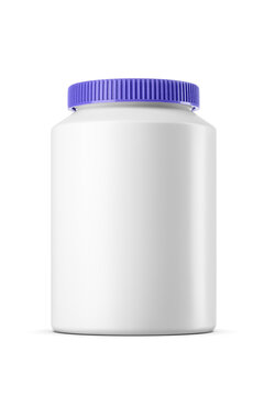 White plastic jar for medical supplies with blank label and blue ribbed lid isolated. Transparent PNG image.