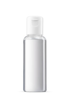Clear plastic bottle containing liquid, designed for travel hygiene products isolated. Transparent PNG image.