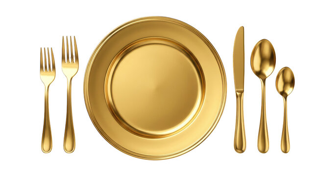Shiny golden dinner plate with matching cutlery set including forks knife and spoons for luxury table setting