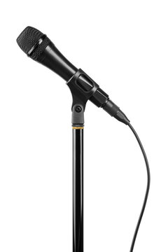 Professional classic black stage microphone on a stand isolated. Transparent PNG image.