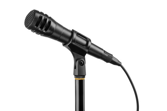 Professional black microphone capturing audio for broadcast or music isolated. Transparent PNG image.