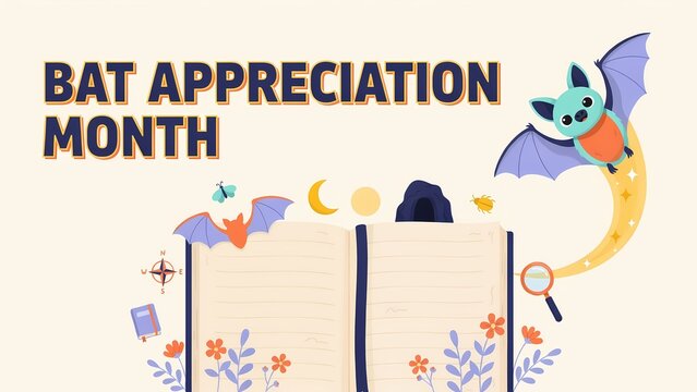 Bat appreciation month celebration design with a cute flying bat and an open book with nature icons