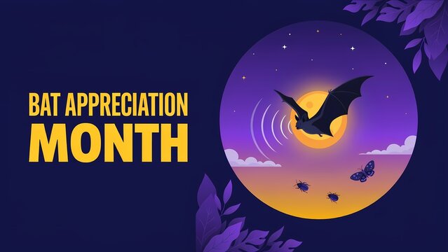 Bat appreciation month illustration with flying bats in front of a full moon at night