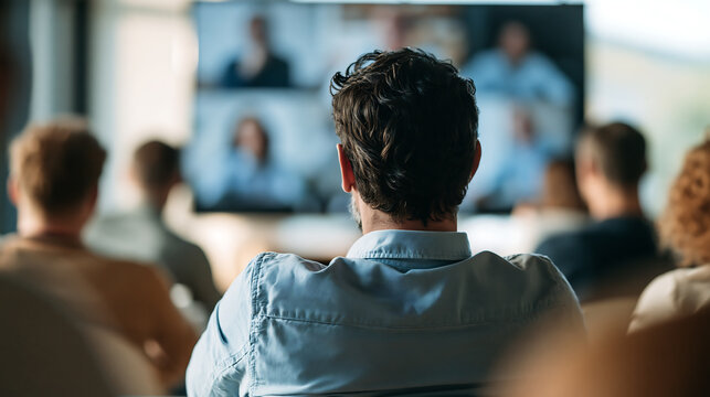 People attending a business hybrid conference in office, integrating in person and online participants on large screen
