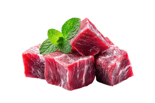Fresh red meat cubes glisten with frost. Fresh red meat cubes glisten with frost. Mint leaves add a touch of freshness