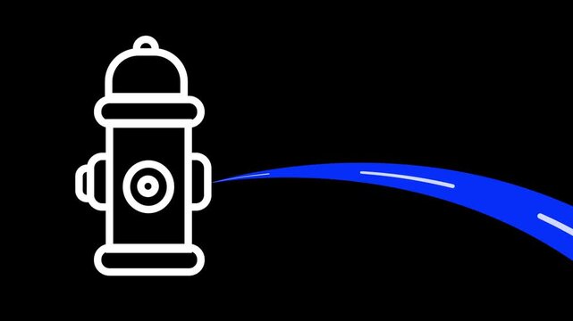 2D animation of a white outline fire hydrant spraying water on a black background. Minimalist isolated motion graphic design.