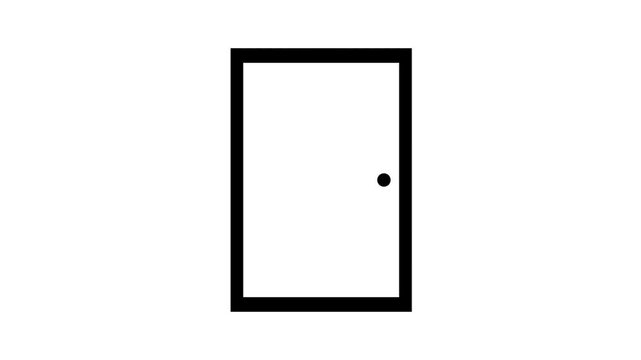 2D animation of a black outline door opening and closing on a white background. Minimalist isolated motion graphic design.