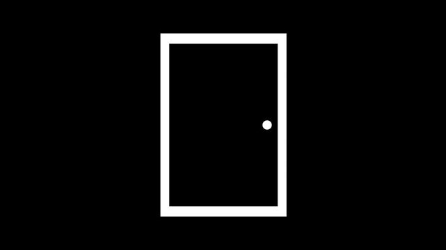 2D animation of a white outline door opening and closing on a black background. Minimalist isolated motion graphic design.