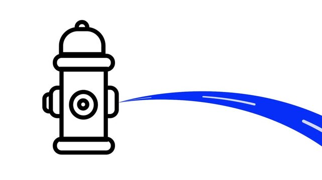 2D animation of a black outline fire hydrant spraying water on a white background. Minimalist isolated motion graphic design.
