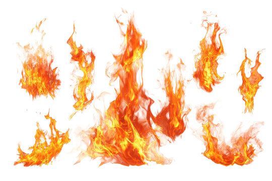 Dynamic flames in various forms isolated on transparent background. Vibrant orange and yellow fire flames bursting dynamically isolated on white background.