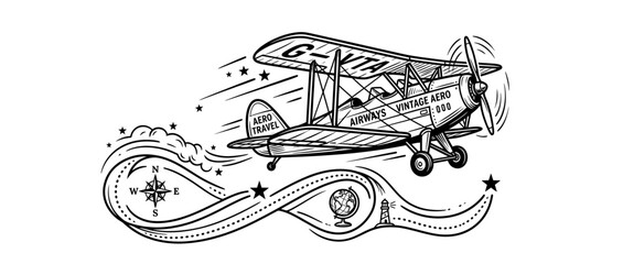 Vintage Biplane Flying with Travel Symbols © Ting