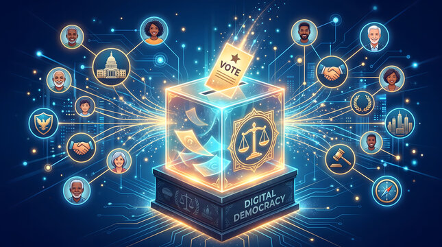 Glowing transparent ballot box marked digital democracy on a dark pedestal receiving a vote paper, surrounded by glowing circular icons of diverse citizens and civic symbols in a futuristic blue city