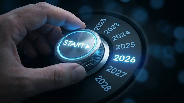 2026 start button being selected by a hand on a digital control panel with future year options