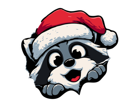 Cute Christmas Raccoon Peeking with Santa Hat, Funny Holiday Animal Cartoon Character, Editable Vector Isolated on Transparent Background