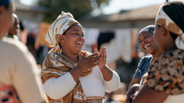 Kenyan women in a communal laundry area chatting and laughing together while hanging clothes, one dramatically mimicking someone with gestures as others react with delight, social