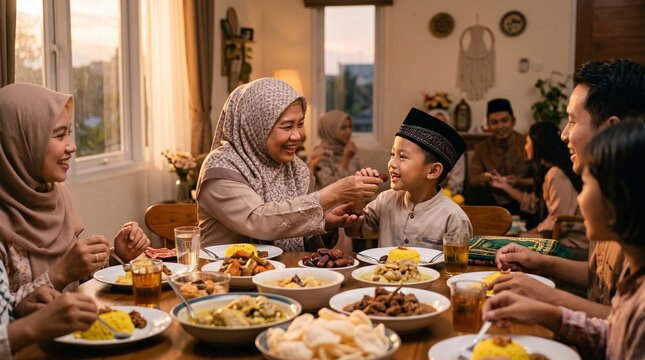 Indonesian family breaking fast together during Ramadan around a fami