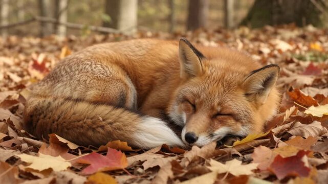 Peaceful Red Fox Sleeping Curled Up on Colorful Autumn Leaves in a Quiet Natural Woodland Forest