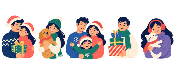 Obraz premium Families with pets in winter clothes illustration