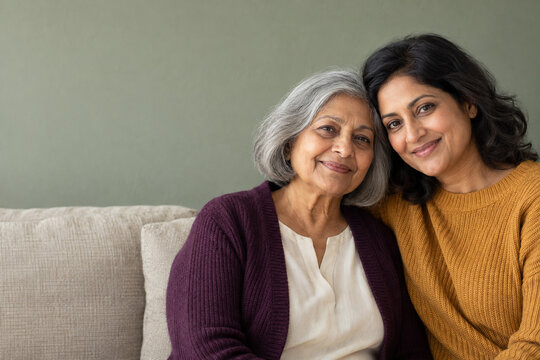South Asian daughter embracing senior mother at home with copy space