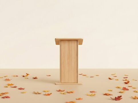 Wooden podium with autumn leaves on floor