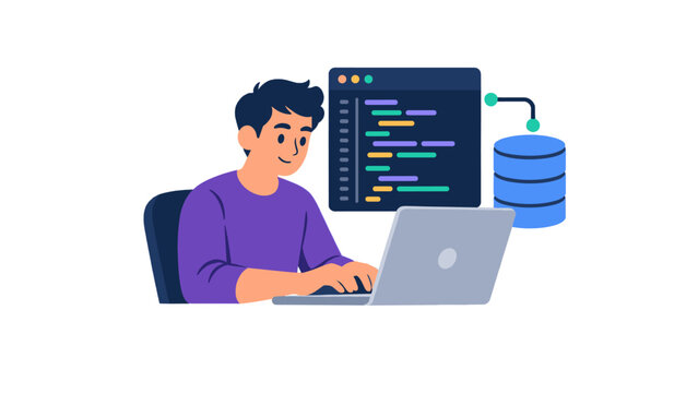 Programmer coding at desk illustration