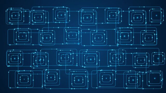 Futuristic Blue Digital Circuit Board Network Animation with Glowing Data Particles Moving Through Interconnected Lines