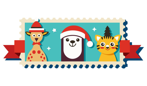 Cute Christmas Animals with Santa Hats, Giraffe Bear and Tiger Holiday Banner, Editable Vector Isolated on Transparent Background