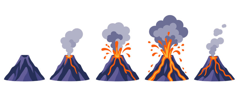 Volcano eruption stages illustration
