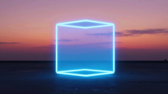 A glowing neon cube stands in a serene twilight setting, capturing the essence of modern design against a vibrant sunset backdrop.