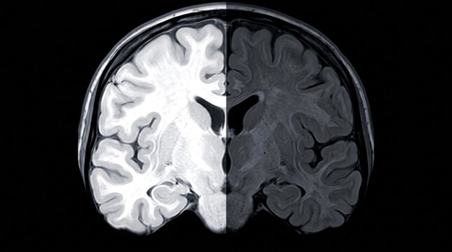 Coronal mri scan of human brain showing contrasting tissue density against black background for medical