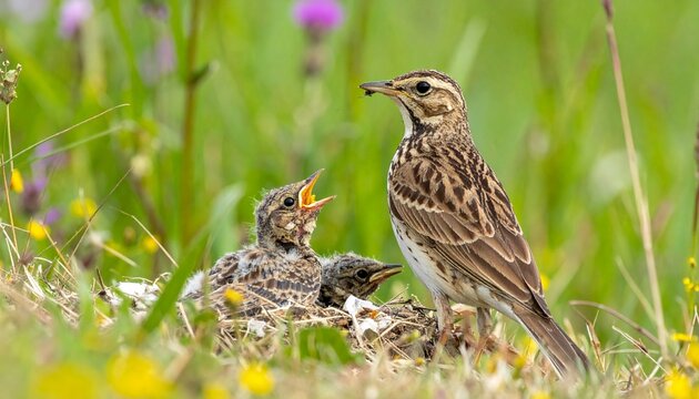 Adult songbird feeding chick with insect in grassy meadow