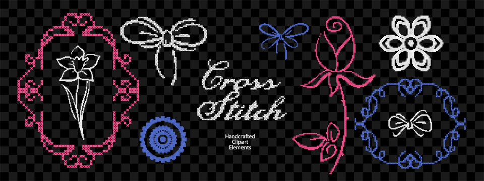 Cross stitch elements set. Vintage bow and flowers retro embroidery style collection. Cottagecore floral folk frames vector illustration for scrapbook, journal, romantic design.