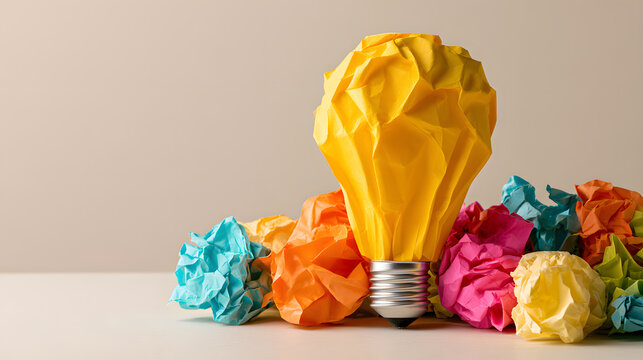 A creative concept featuring a yellow paper light bulb surrounded by colorful crumpled paper balls symbolizing failed prototypes, brainstorming process, innovation, and business strategy development m