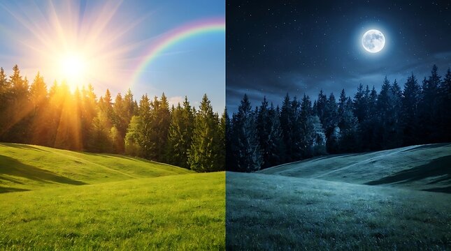 Landscape split screen showing a sunny green meadow with rainbow and a dark night moon scene