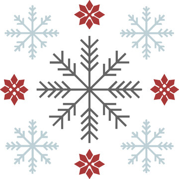 Christmas Snowflake Pattern with Large Geometric Snowflake and Red Winter Ornaments, Editable Vector Isolated on Transparent Background