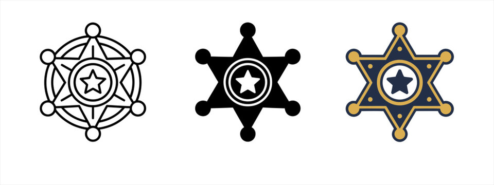 Sheriff star badge, police officer law enforcement star, ebong western deputy marshal badge icon set (outline, silhouette, ebong colored style)