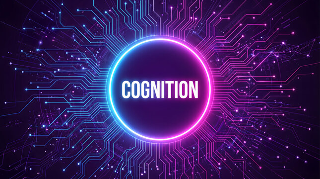 A 3D-rendered digital graphic featuring the word COGNITION inside a glowing circular hub surrounded by intricate circuit board traces, glowing nodes, and particle dots against a deep purple space