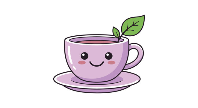 Lilac teacup with a green sprig and face is a vector illustration