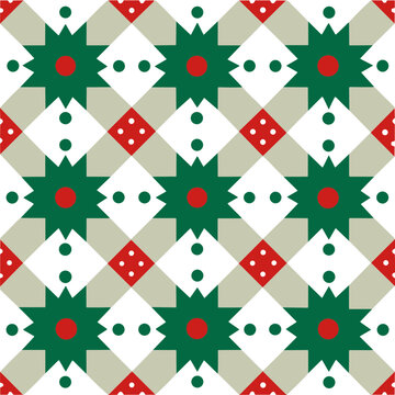 Festive Christmas Geometric Pattern with Green Star Flowers, Red Diamonds and Retro Holiday Shapes, Editable Vector Isolated on Transparent Background