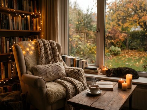 Cozy indoor lounge with large windows and nature view
