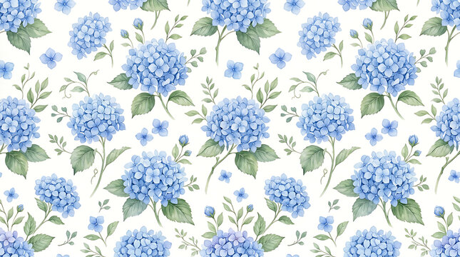 Seamless pattern with watercolor blue hydrangea flowers
