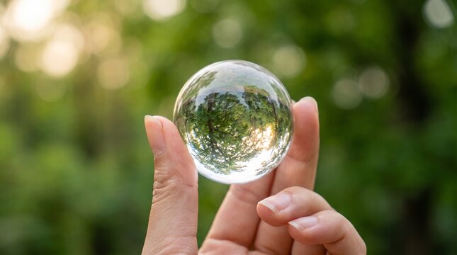 Delicate fingers holding a radiant glass sphere, reflecting a stunning inverted natural scene with blurred green background and beautiful bokeh